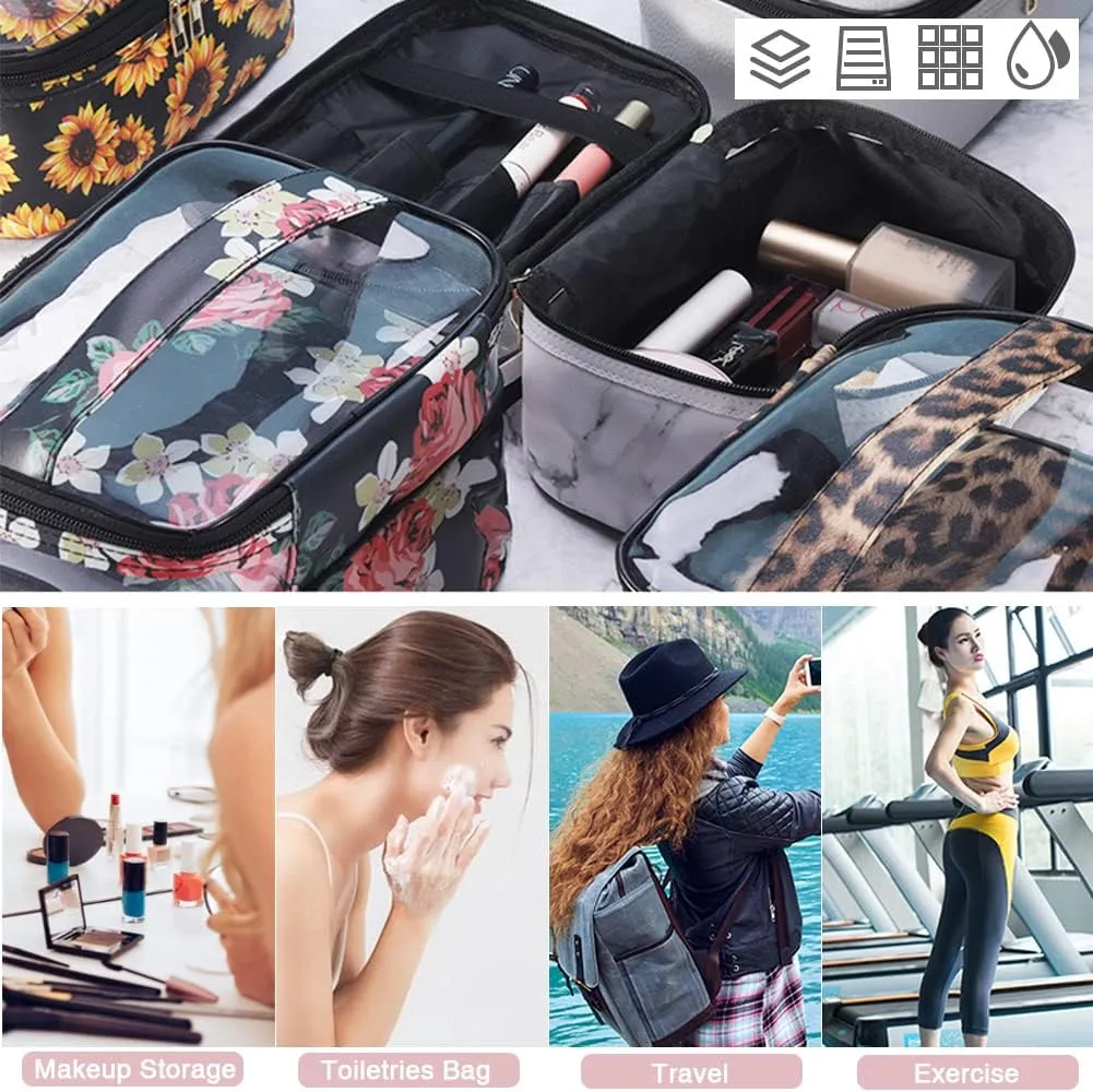 FITINI 3 Pieces Makeup Bags Double Layer Travel Large Cosmetic Cases Organizer Toiletry Bags Waterproof Small Zipper Pouch for Women Makeup Brush Storage Bag,Black Marble