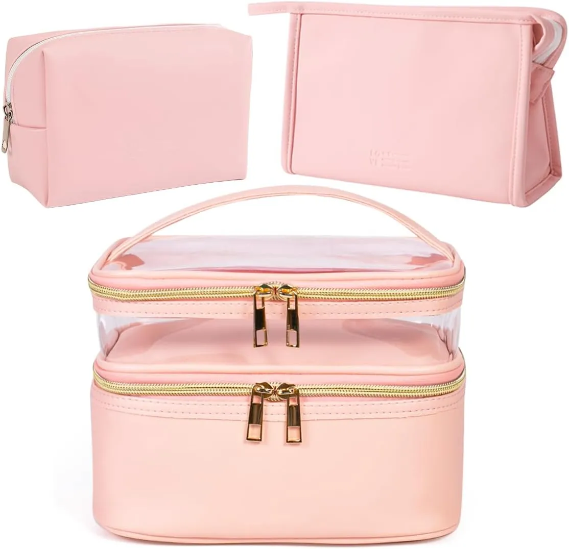 FITINI 3 Pieces Makeup Bags Double Layer Travel Large Cosmetic Cases Organizer Toiletry Bags Waterproof Small Zipper Pouch for Women Makeup Brush Storage Bag,Light Pink