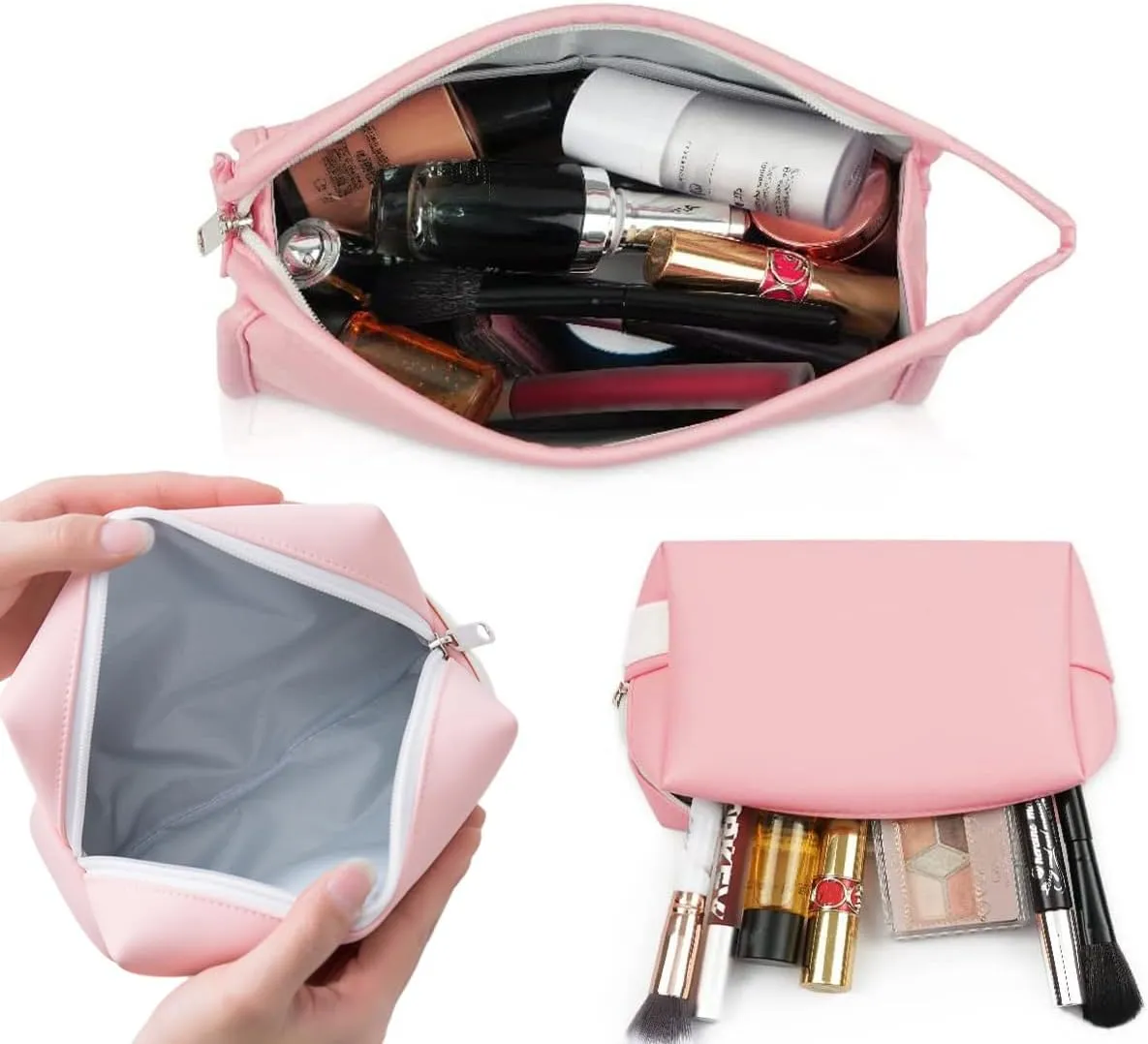 FITINI 3 Pieces Makeup Bags Double Layer Travel Large Cosmetic Cases Organizer Toiletry Bags Waterproof Small Zipper Pouch for Women Makeup Brush Storage Bag,Light Pink