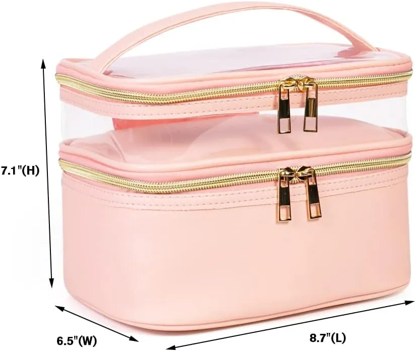 FITINI 3 Pieces Makeup Bags Double Layer Travel Large Cosmetic Cases Organizer Toiletry Bags Waterproof Small Zipper Pouch for Women Makeup Brush Storage Bag,Light Pink