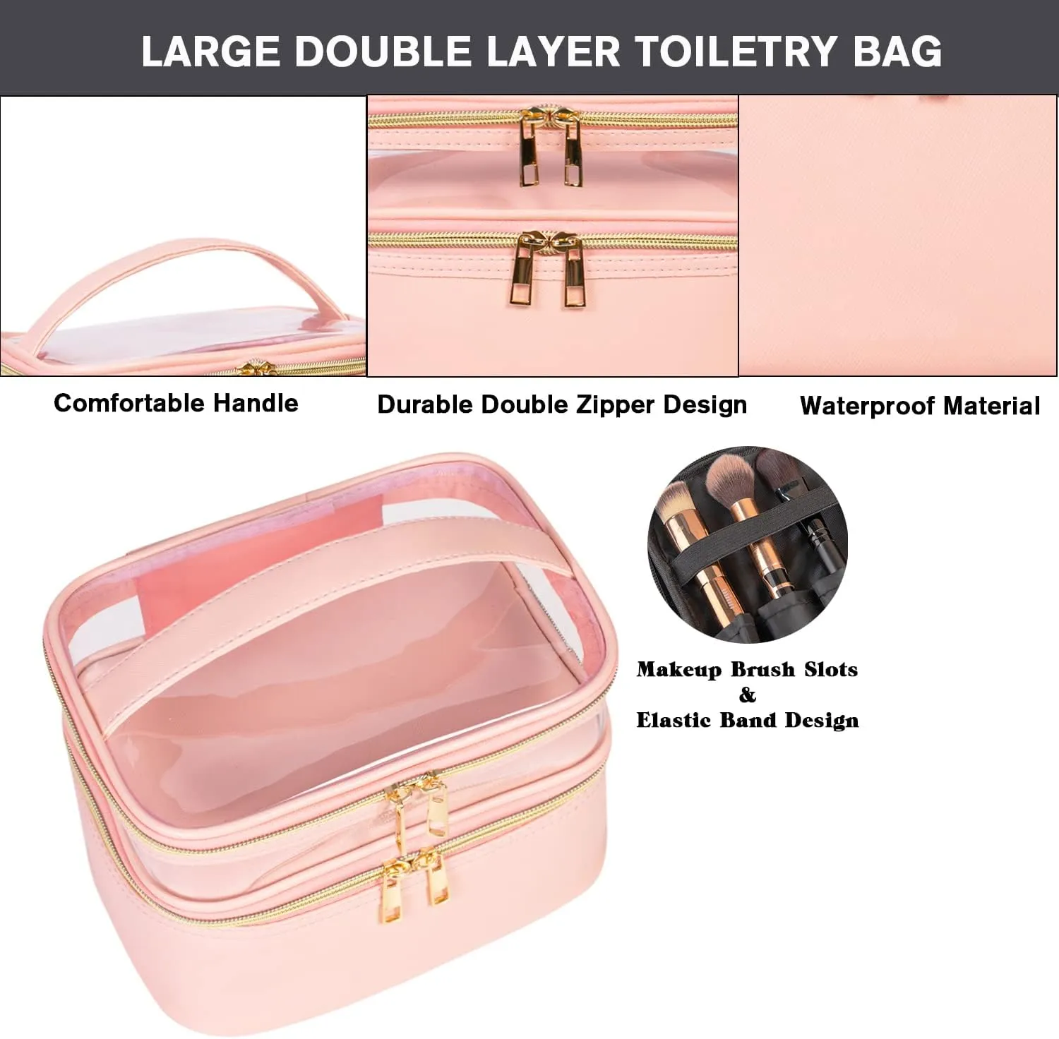 FITINI 3 Pieces Makeup Bags Double Layer Travel Large Cosmetic Cases Organizer Toiletry Bags Waterproof Small Zipper Pouch for Women Makeup Brush Storage Bag,Light Pink