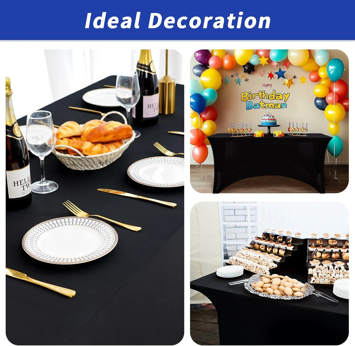 Fixwal 3 Pack Black Table Cloth for 6 Foot Rectangle Tables, Rectangular Tablecloths Stretch Spandex Fitted Table Covers 6 ft for Parties, Trade Shows, Banquet, Weddings, Buffet