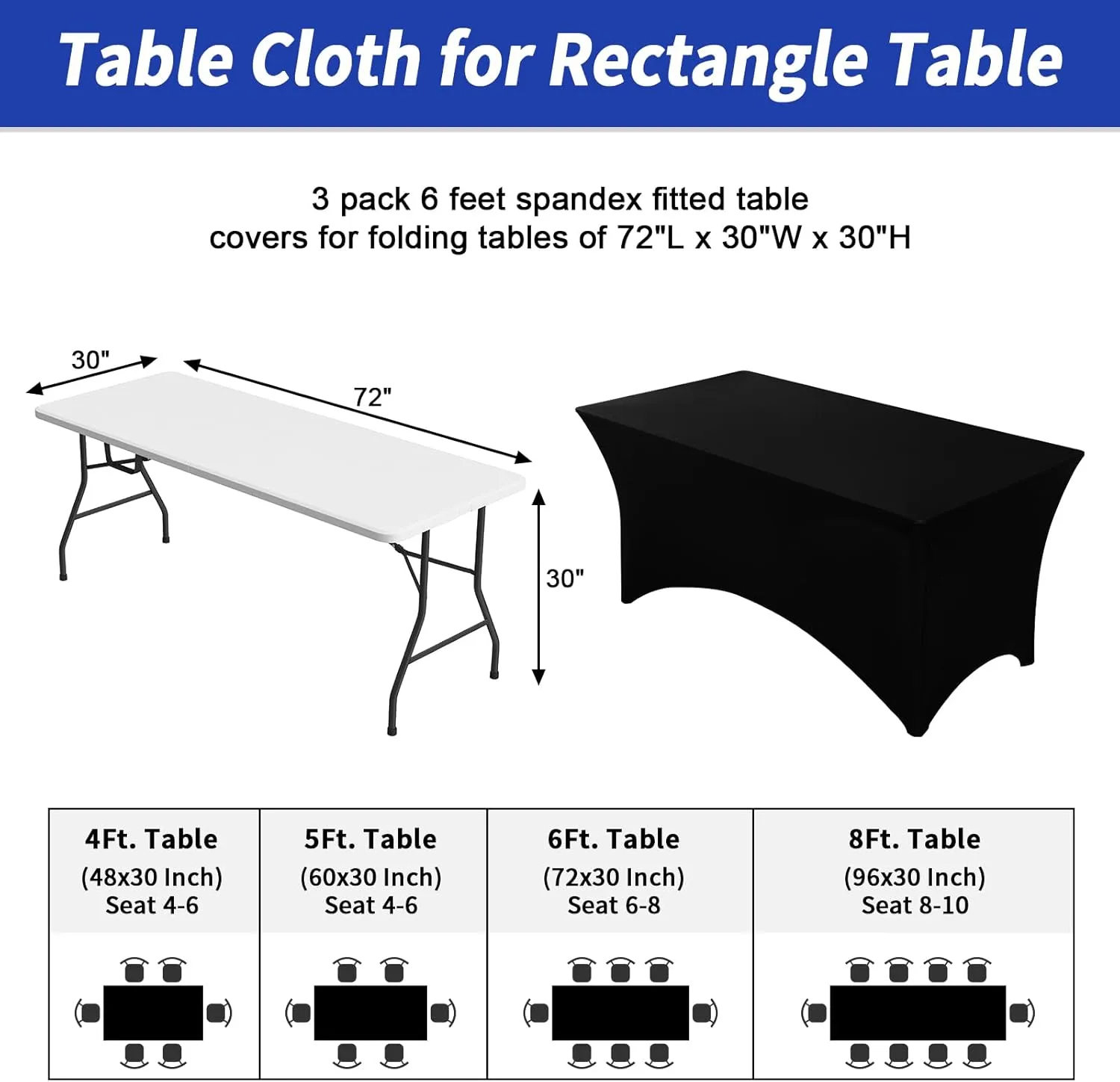 Fixwal 3 Pack Black Table Cloth for 6 Foot Rectangle Tables, Rectangular Tablecloths Stretch Spandex Fitted Table Covers 6 ft for Parties, Trade Shows, Banquet, Weddings, Buffet