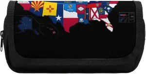 Flag Map of U.S. States and Territories Funny Pencil Case Bag Double Pen Pouch Travel Makeup Cosmetic Organizer for Men Women