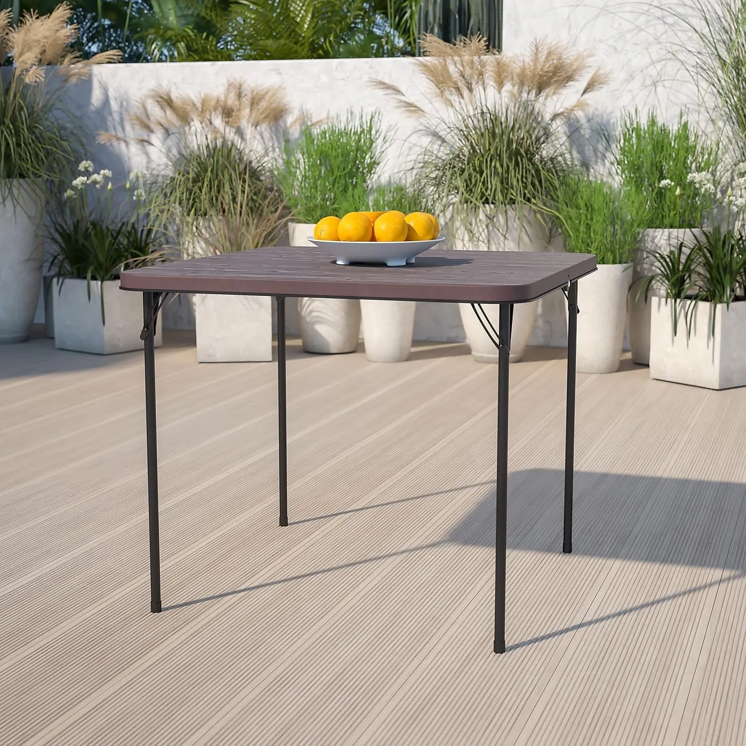 Flash Furniture Dunham 2.83-Foot Square Bi-Fold Brown Wood Grain Plastic Folding Table with Carrying Handle