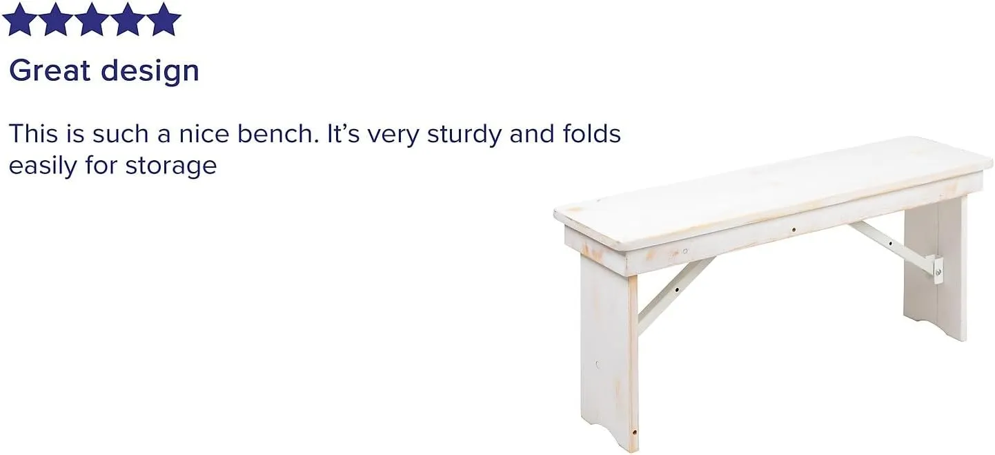 Flash Furniture HERCULES Series 40" x 12" Antique Rustic White Solid Pine Folding Farm Bench