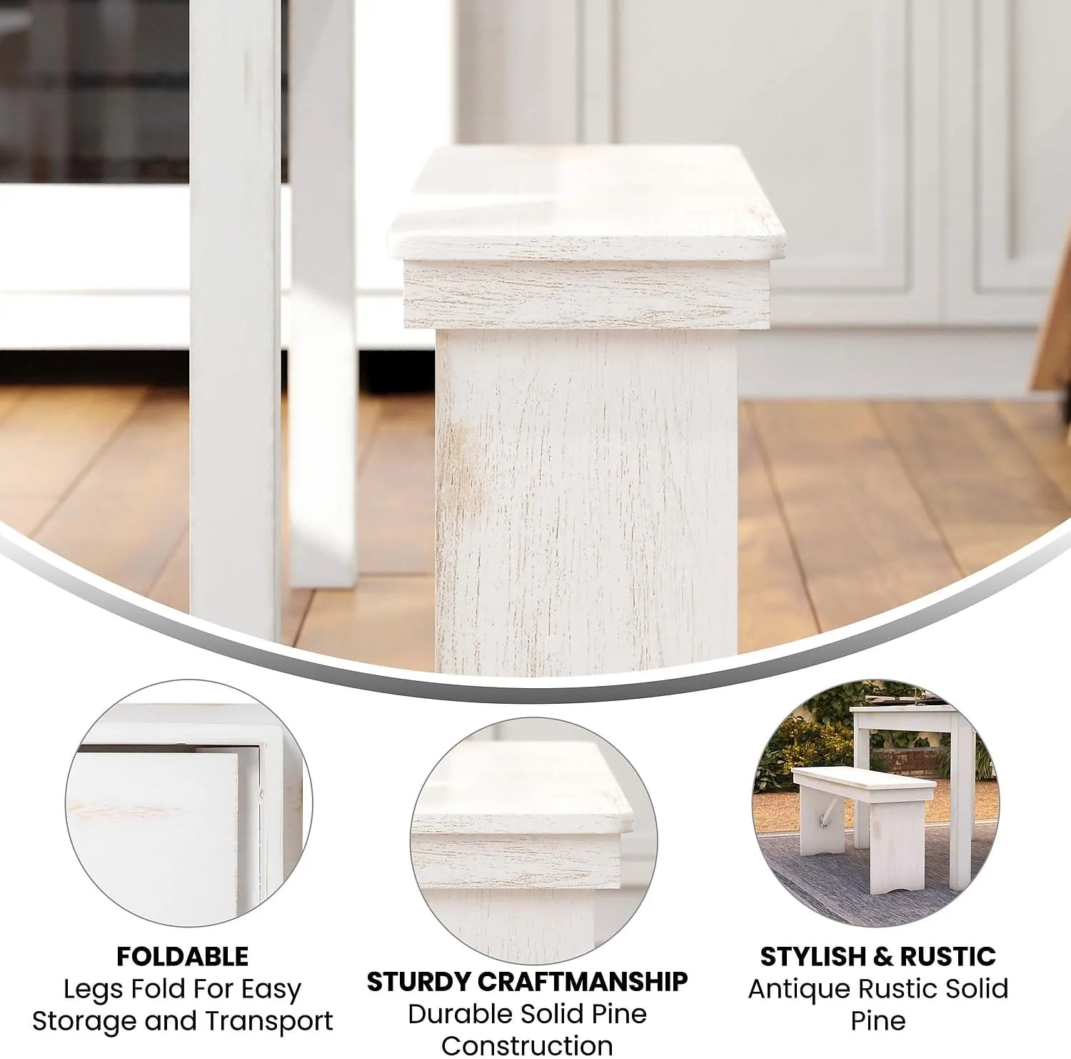Flash Furniture HERCULES Series 40" x 12" Antique Rustic White Solid Pine Folding Farm Bench