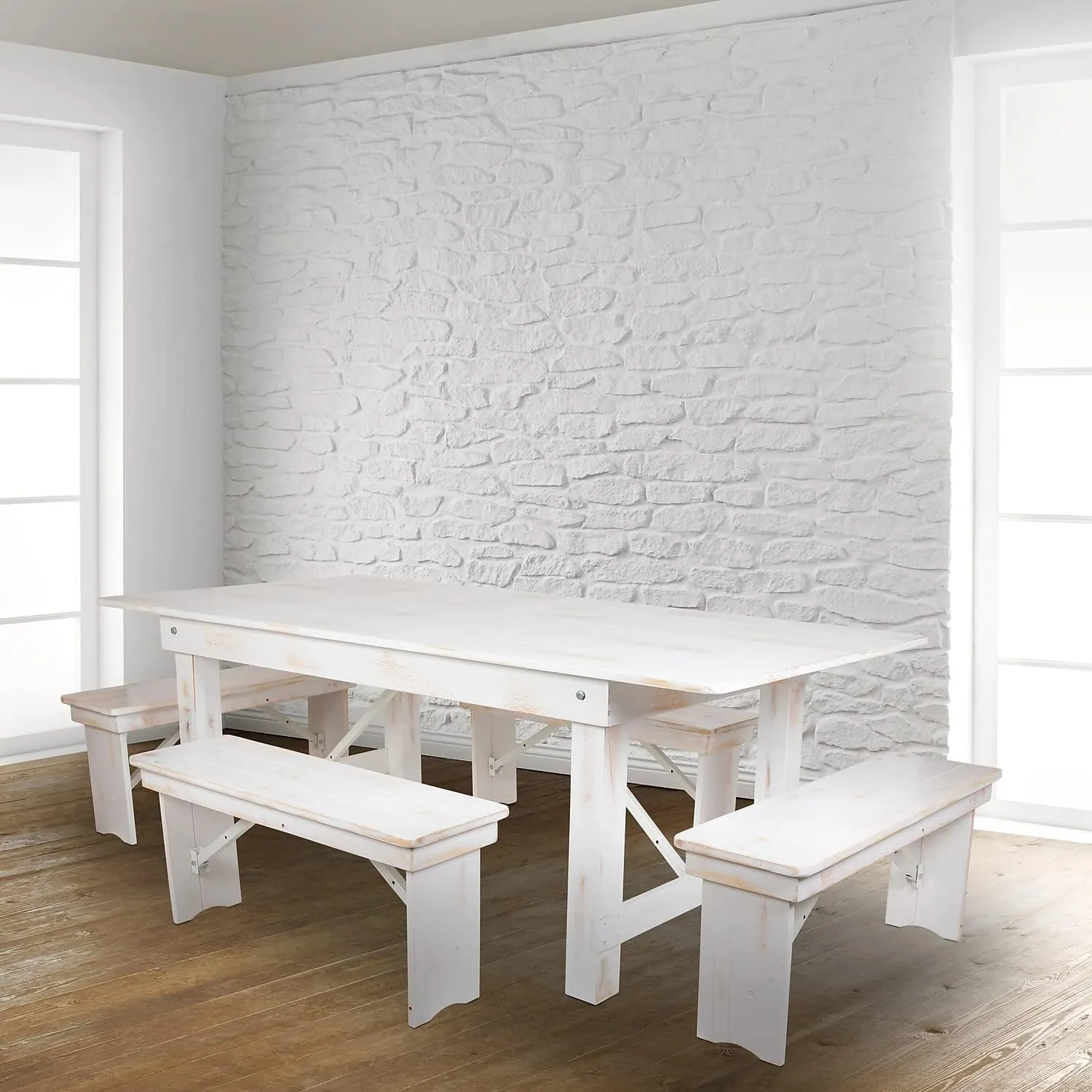 Flash Furniture HERCULES Series 40" x 12" Antique Rustic White Solid Pine Folding Farm Bench