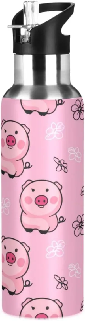 Flower Pig Sports Water Bottle with Straw, 22oz BPA Free Stainless Steel Vacuum Insulated Bottle for Gym Fitness Outdoor