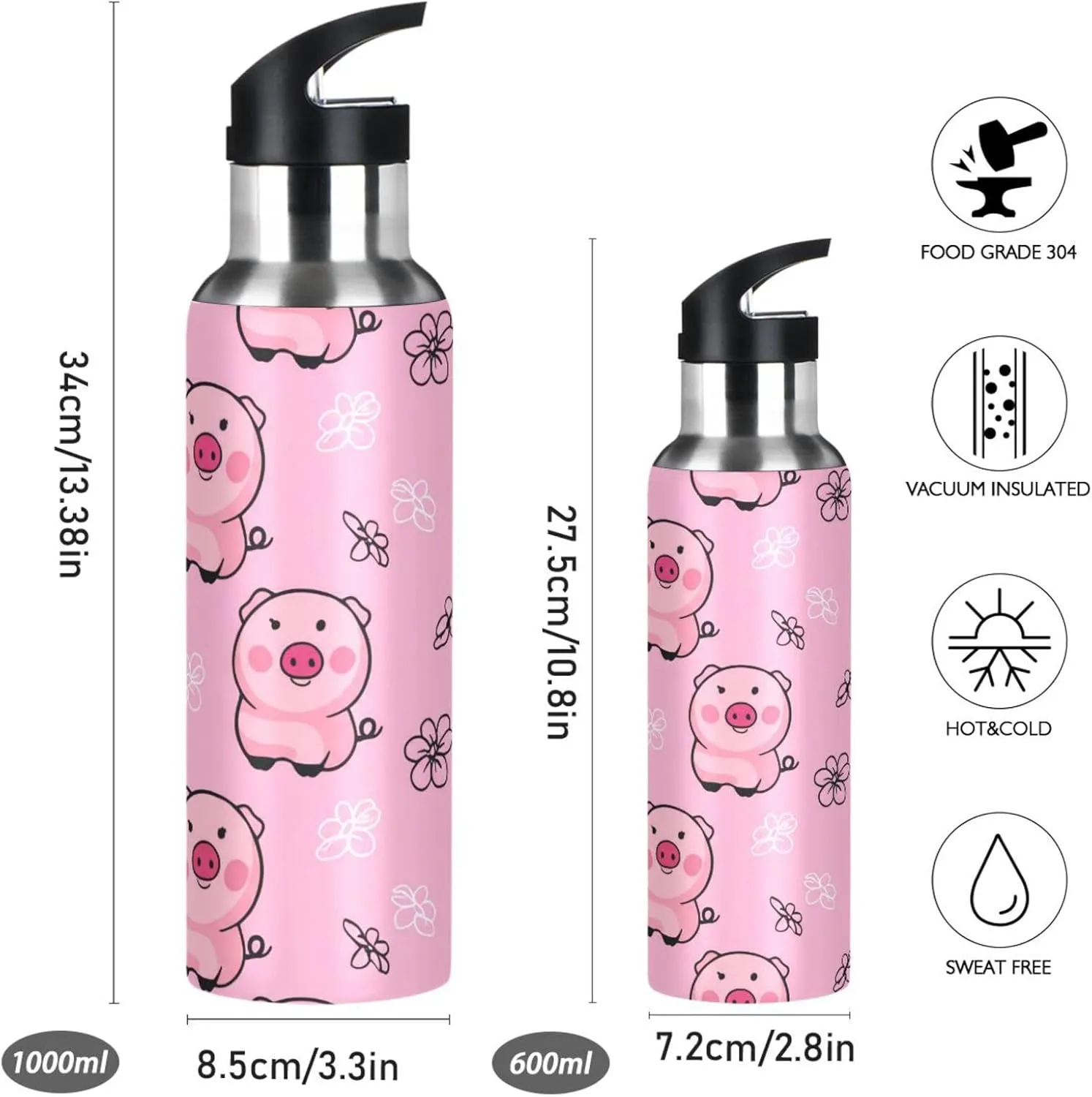 Flower Pig Sports Water Bottle with Straw, 22oz BPA Free Stainless Steel Vacuum Insulated Bottle for Gym Fitness Outdoor
