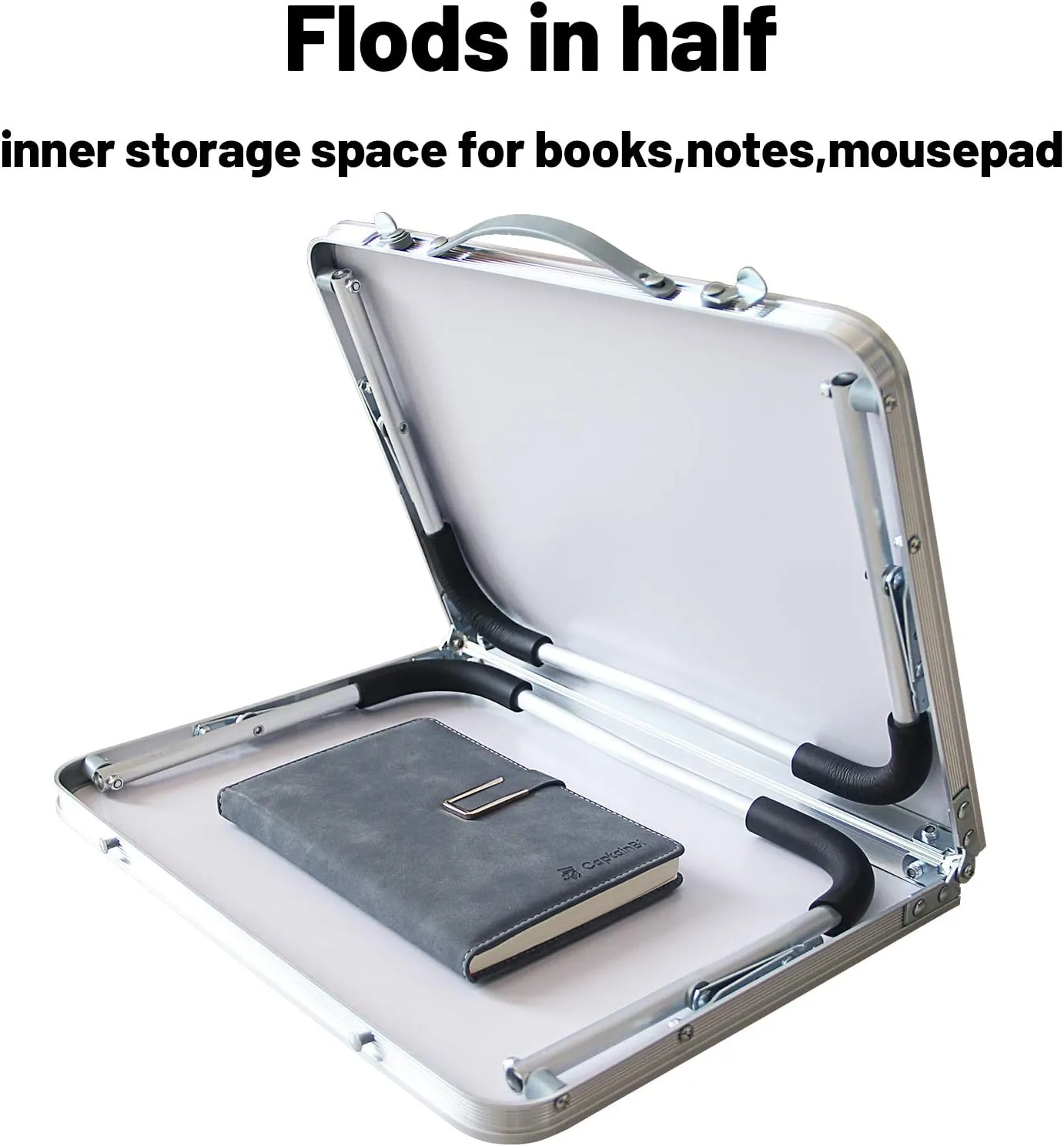 Foldable Laptop Table, Bed Desk, Breakfast Serving Bed Tray, Portable Mini Picnic Table & Ultra Lightweight, Folds in Half with Inner Storage Space (Bamboo Wood Grain)