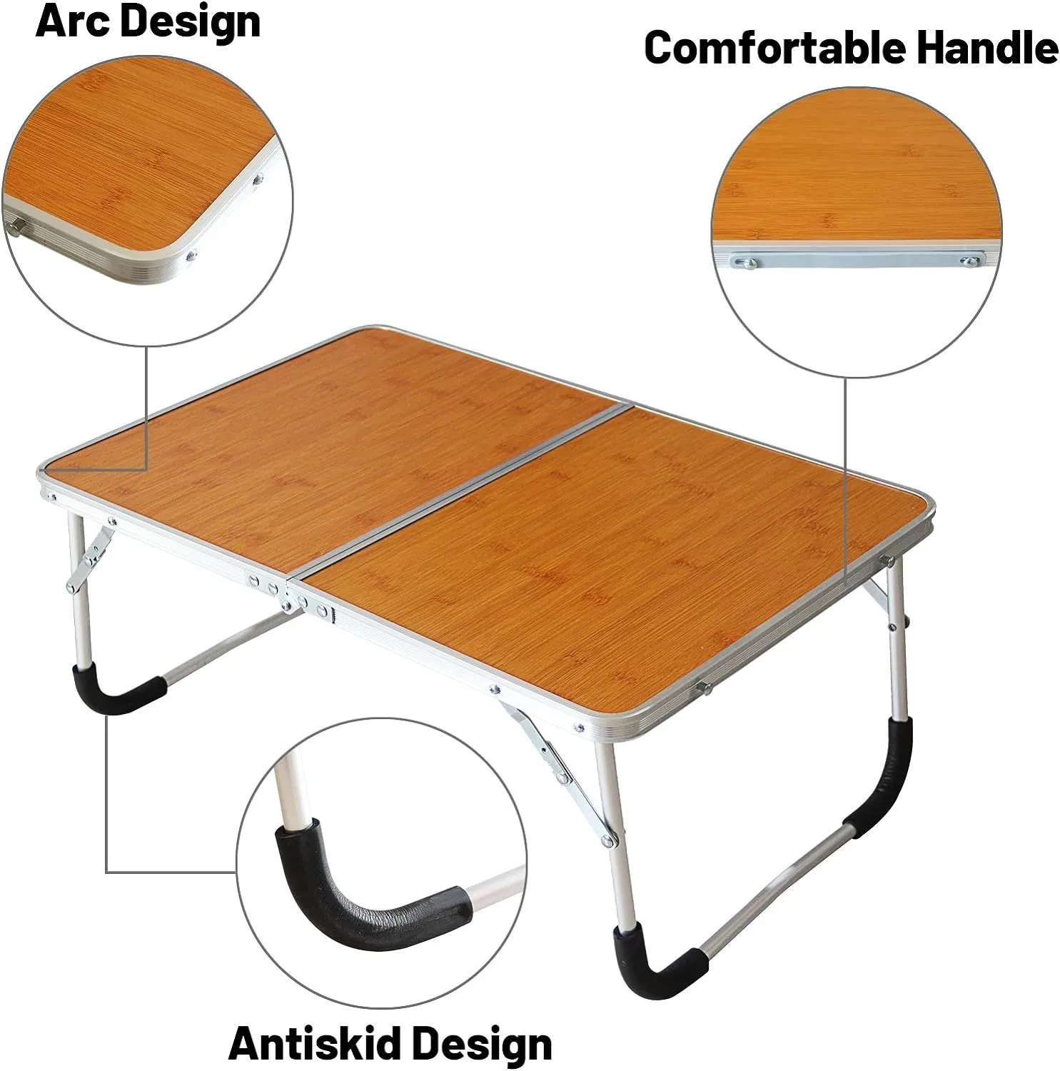 Foldable Laptop Table, Bed Desk, Breakfast Serving Bed Tray, Portable Mini Picnic Table & Ultra Lightweight, Folds in Half with Inner Storage Space (Bamboo Wood Grain)