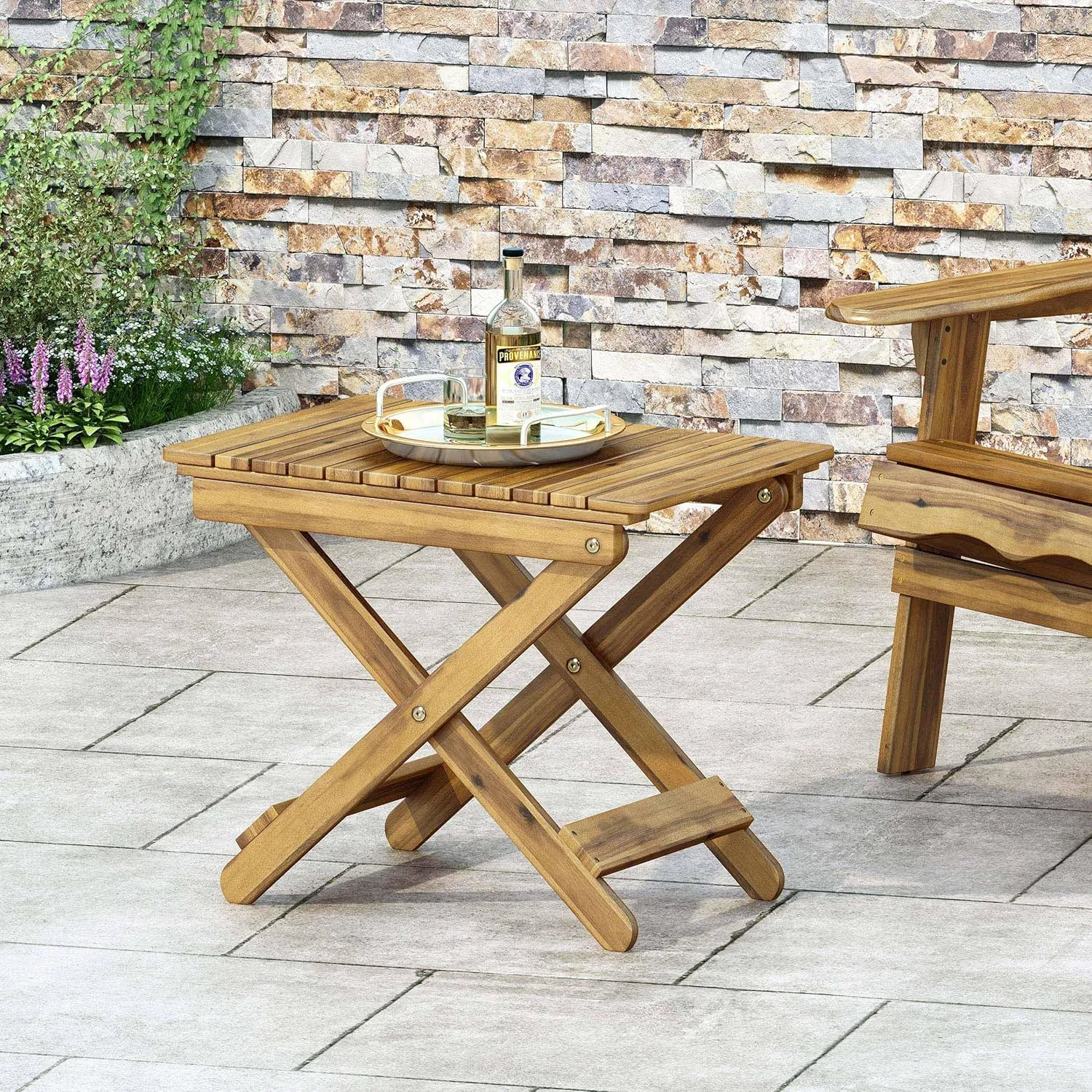 Foldable Outdoor Side Table, Portable Accent Table, Folding Square Table for Balcony, Plants,Pool,Patio,Garden,Deck,Indoor,Outdoor (Natural)
