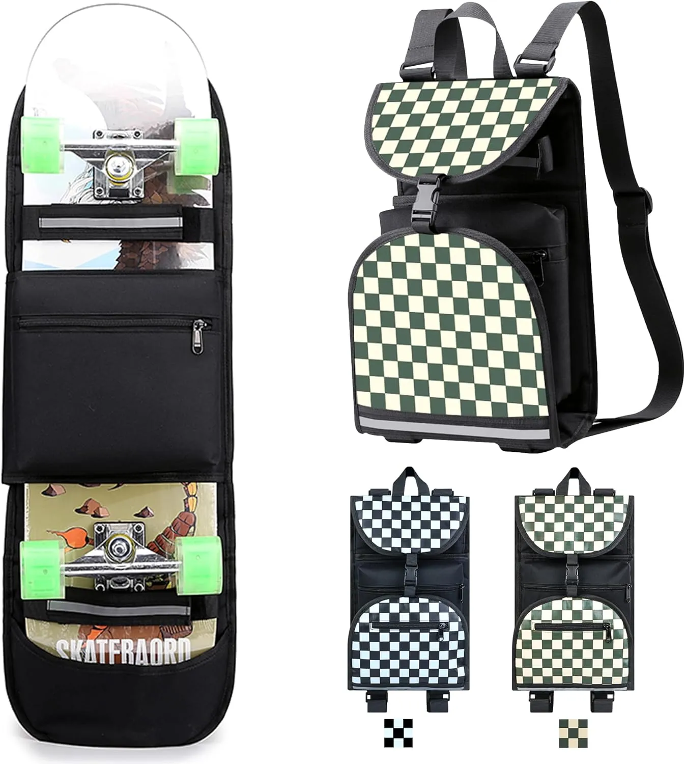 Foldable Skateboard Backpack Bag Carrier with Adjustable Shoulder Straps for Double Kick Longboard Electric Skateboard, Unisex