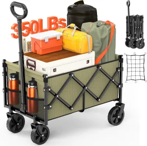 Foldable Wagon with Wheels, Portable Heavy Duty Collapsible Beach Cart - Large Capacity Utility Wagon for Shopping, Sports, Camping，Garden，Grocery - Green