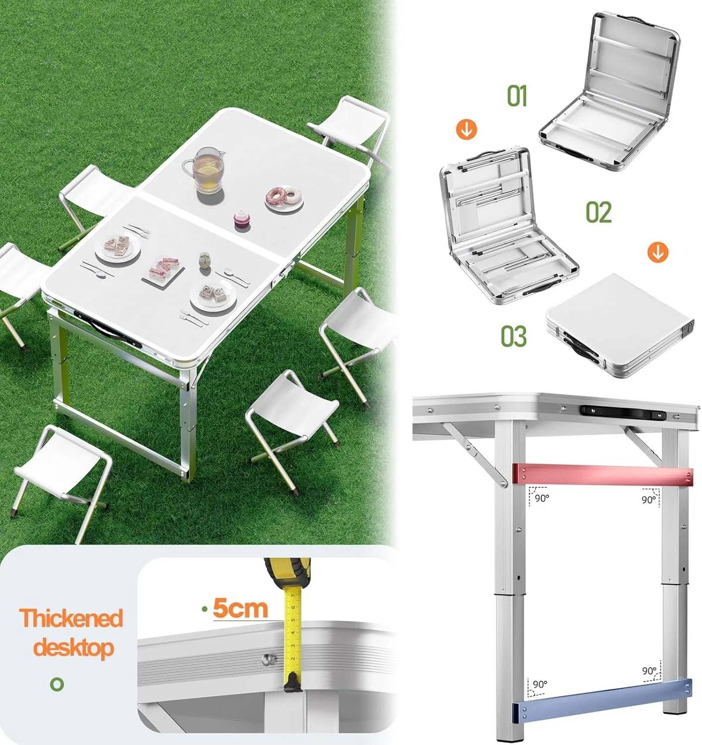 Folding Camp Table and Chairs, Camping Tables Adjustable 3 Heights, Aluminum Table with Crossbar, Camping Essentials for Home Picnic BBQ (Color : Blue 2 Chairs)