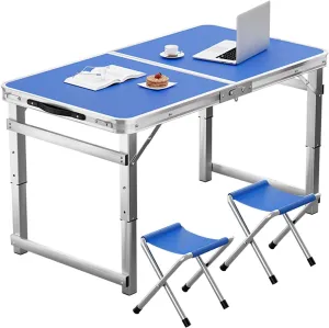 Folding Camp Table and Chairs, Camping Tables Adjustable 3 Heights, Aluminum Table with Crossbar, Camping Essentials for Home Picnic BBQ (Color : Blue 2 Chairs)