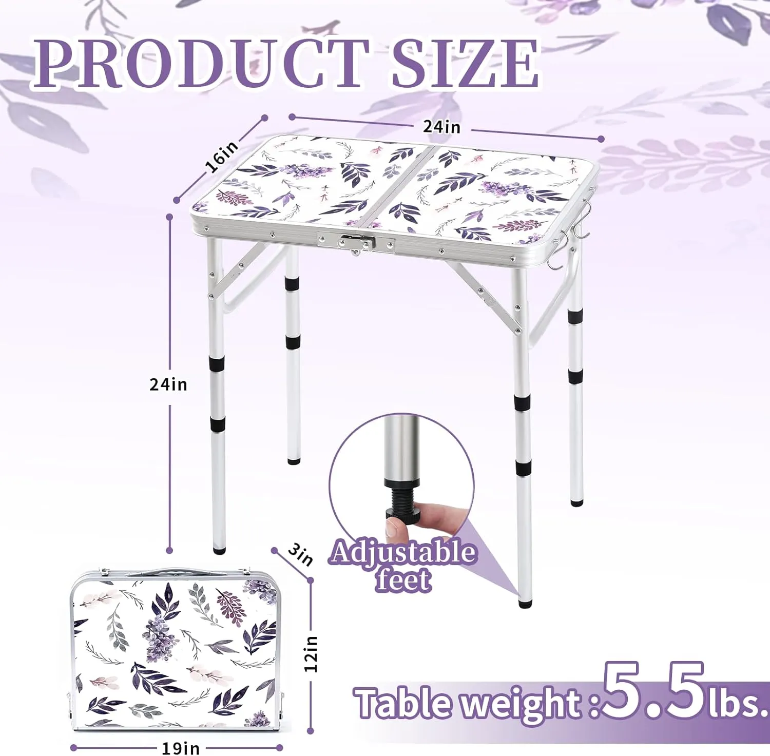 Folding Camping Table 2ft Portable Pinic Table Adjustable Height Small Card Table Aluminum Foldable Lightweight with Carry Handle for Outdoor Indoor Hiking Camp BBQ Beach (Misty Lilac)