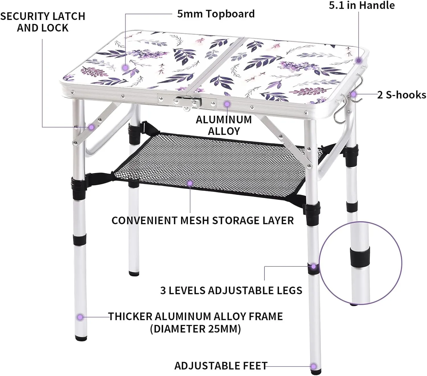 Folding Camping Table 2ft Portable Pinic Table Adjustable Height Small Card Table Aluminum Foldable Lightweight with Carry Handle for Outdoor Indoor Hiking Camp BBQ Beach (Misty Lilac)