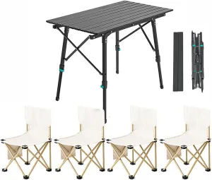 Folding Camping Table and airs, Adjustable Height Folding Table with Roll-Up Table Top, Portable Lightweight Picnic Table air Set for Outdoor, Bea, Backyards Party