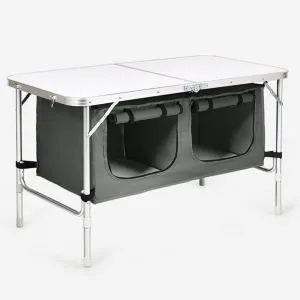 Folding Camping Table Height Adjustable, Storage Kitchen Table with Storage Compartment and Carry Handle, Aluminum Lightweight Camp Kitchen Tables for Outdoor, Beach, BBQ, Picnic, Cooking, Gray