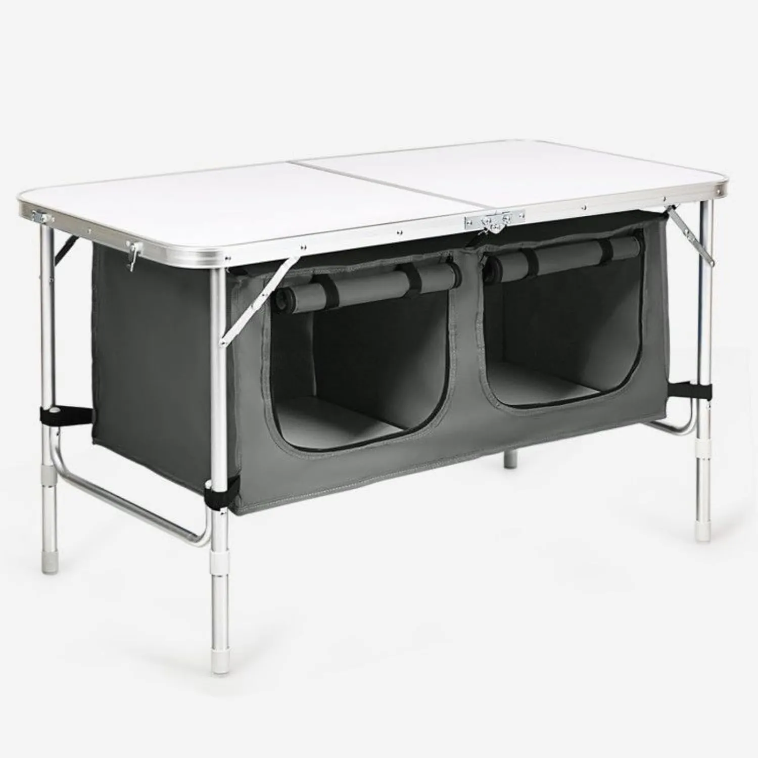 Folding Camping Table Height Adjustable, Storage Kitchen Table with Storage Compartment and Carry Handle, Aluminum Lightweight Camp Kitchen Tables for Outdoor, Beach, BBQ, Picnic, Cooking, Gray