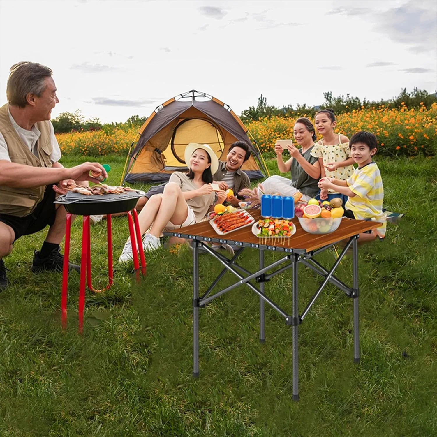 Folding Camping Table, Lightweight Portable Beach Table, Adjustable Height Camp Side Table, Scratch & Water Resistant, for Camping, Picnics, BBQs, Backyard Brown