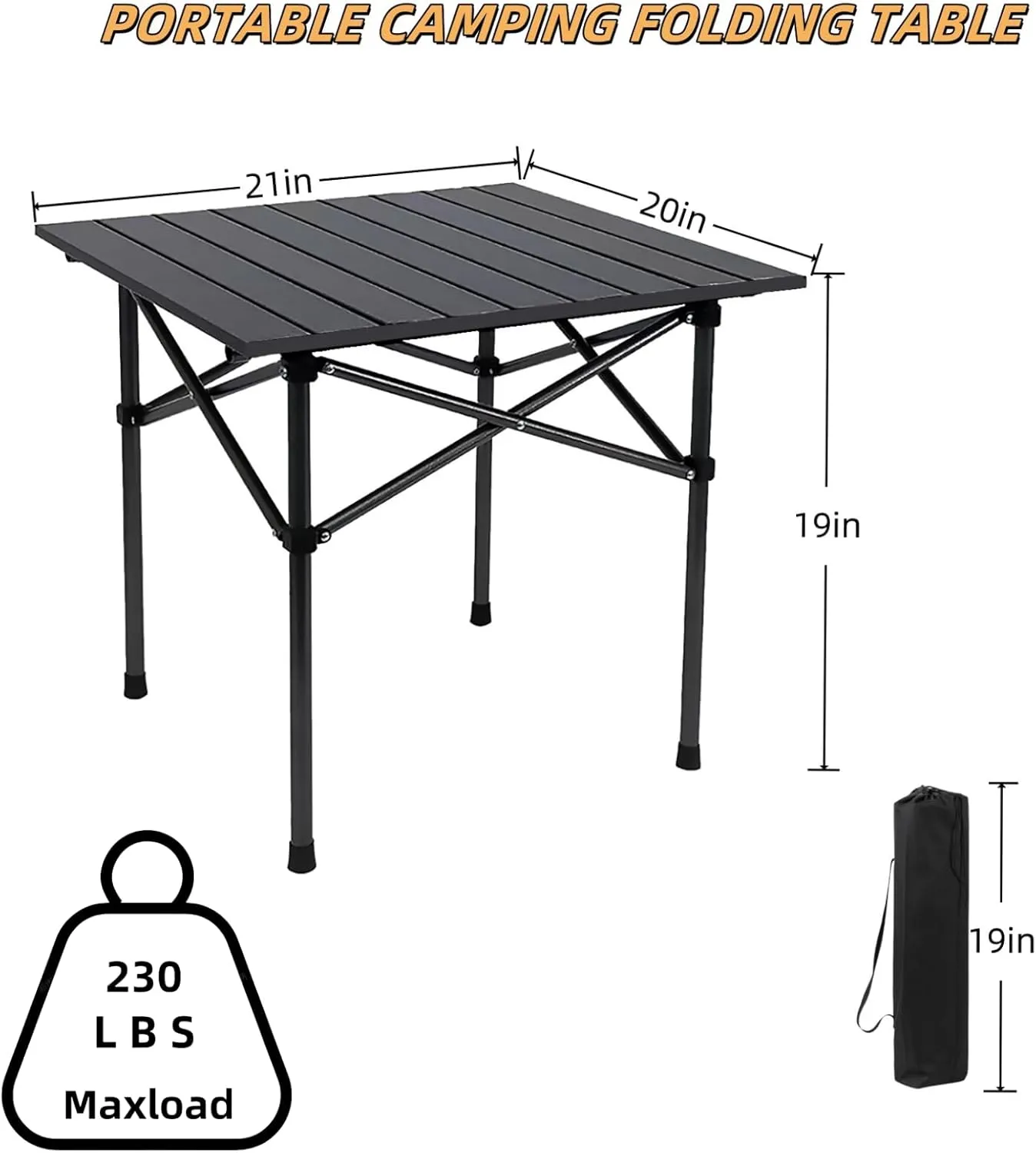 Folding Camping Table, Portable Beach Table,with Portable Bag，Suitable for Indoor, Outdoor, Camping, Backyard, Party, Patio, The Camping Table at The Beach (Black, 21" D x20 W x19 H)