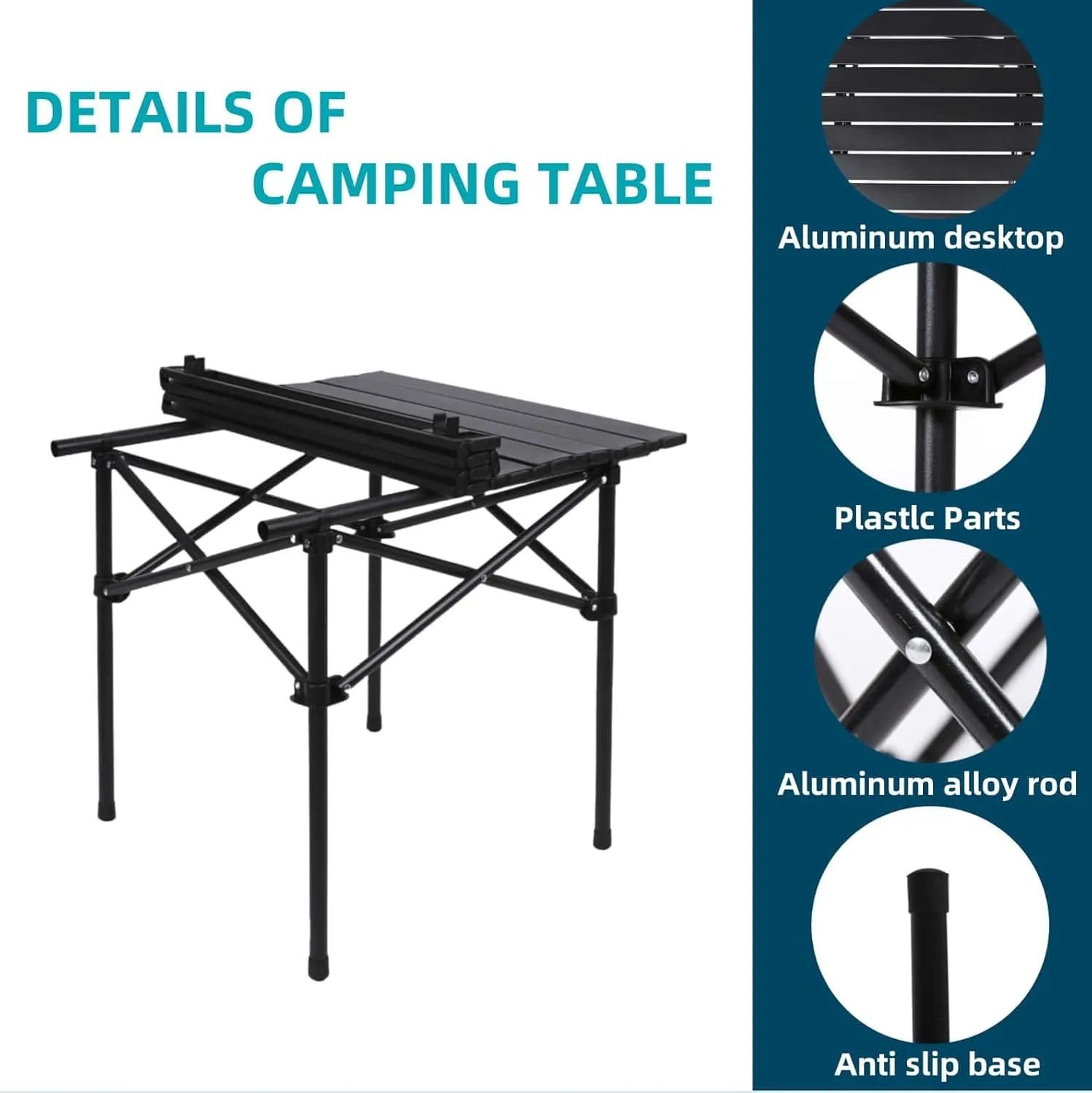 Folding Camping Table, Portable Beach Table,with Portable Bag，Suitable for Indoor, Outdoor, Camping, Backyard, Party, Patio, The Camping Table at The Beach (Black, 21" D x20 W x19 H)