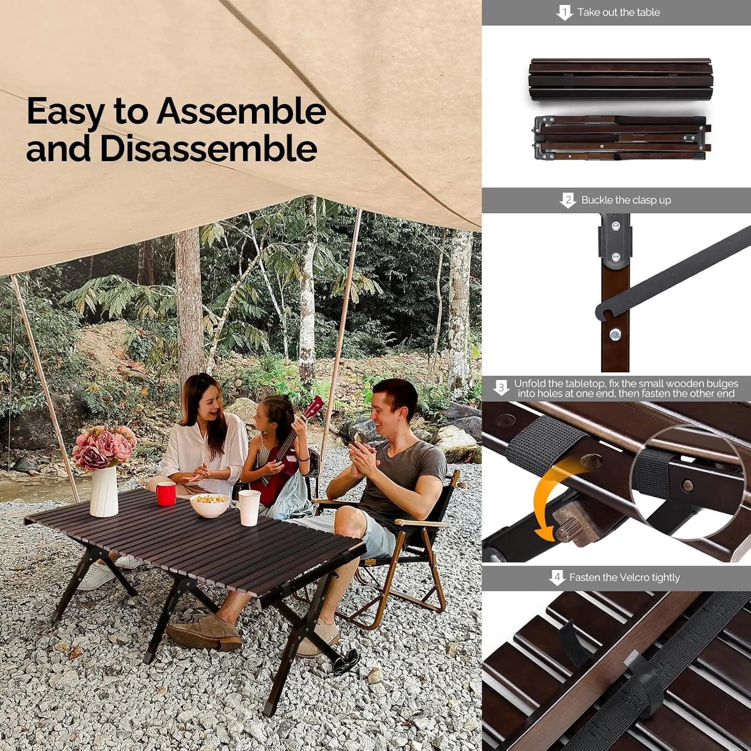 Folding Camping Table Portable Picnic Table, Lightweight Roll up Side Table Outdoor Camp Table for Travel Hiking Backyard BBQ Party (Wood, 120 * 60 * 40cm)