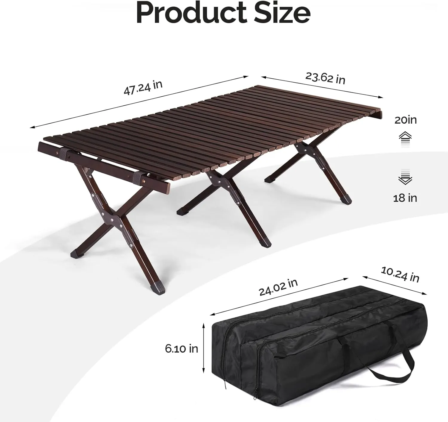 Folding Camping Table Portable Picnic Table, Lightweight Roll up Side Table Outdoor Camp Table for Travel Hiking Backyard BBQ Party (Wood, 120 * 60 * 40cm)