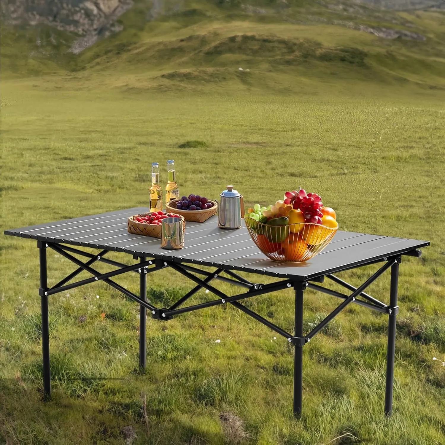 Folding Camping Table Roll Up Collapsible Table with Storage Bag,Lightweight Picnic Table Camp Beach Table Portable Side Table for Backyard BBQ Party Commercial Events,Mesas para Fiestas,Black 3.1 FT