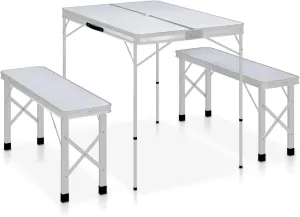 Folding Camping Table with 2 Benes Aluminium White,Folding Table Portable Aluminum Picnic Table, Heavy Duty Foldable Table with Carry Handle for Indoor Study Writing Outdoor BBQ Party Use