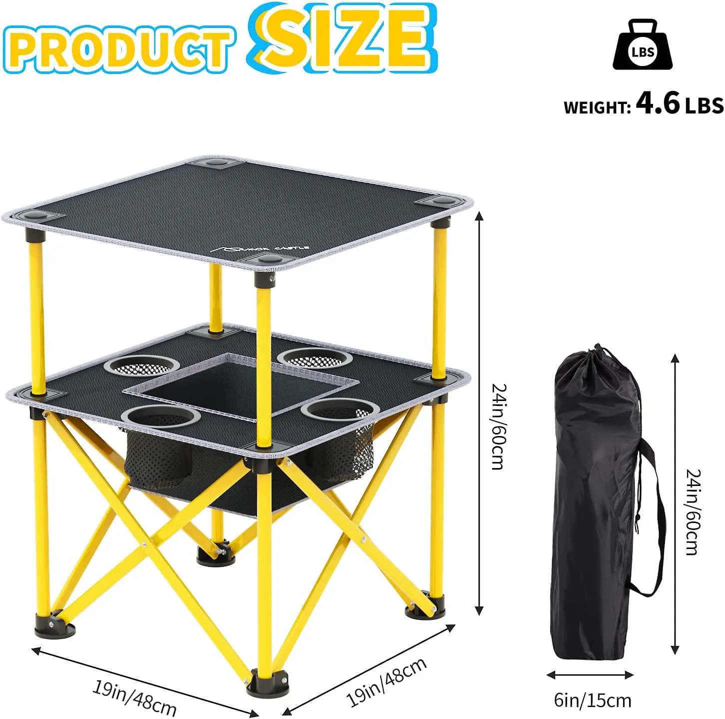 Folding Camping Table with 4 Cup Holders, Lightweight Portable Beach Outdoor Picnic Table, Square Camp Table with Built-in Food Basket Travel Bag for BBQ, Camping, Tailgate