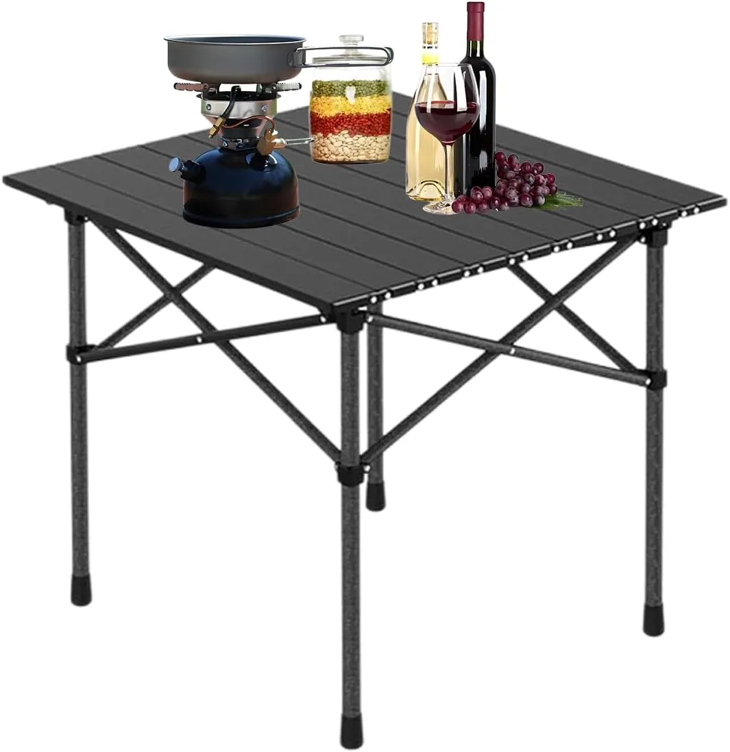 Folding Camping Table with Aluminum Top, Lightweight Portable Table for Picnic, BBQ, Cooking, and Outdoor Activities, Includes Carry Bag Black 50×53×50cm/19.7×20.9×19.7in