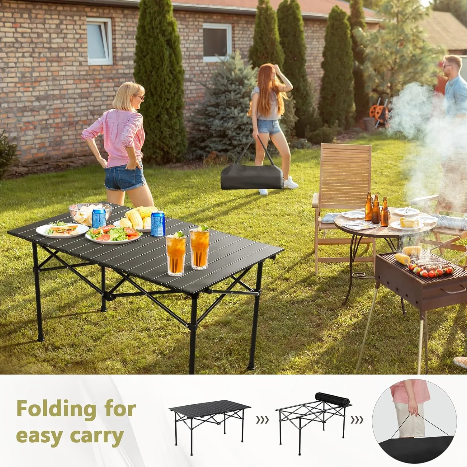 Folding Camping Table with Aluminum Top, Lightweight Portable Table for Picnic, BBQ, Cooking, and Outdoor Activities, Includes Carry Bag Black 50×53×50cm/19.7×20.9×19.7in