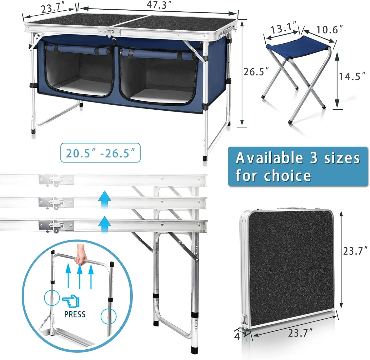 Folding Camping Table with Storage Compartment Aluminum Lightweight Camp Kitchen Table Height Adjustable Indoor/Outdoor Table Perfect for Tailgating, Backyards, BBQ, Picnic (Black-Wide W/Stool)