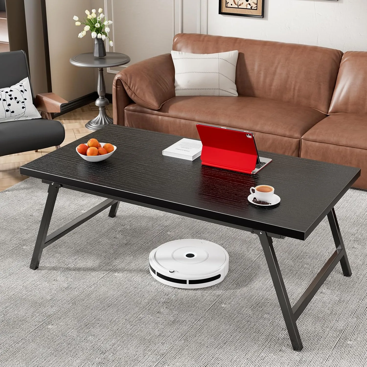 Folding Coffee Table, Portable Floor Table Desk for Sitting on The Floor, No Assembly Low Coffee Table for Living Room, Home, Caravan and Camping Use, Black Wood, 39.4Lx19.7Wx15.8H
