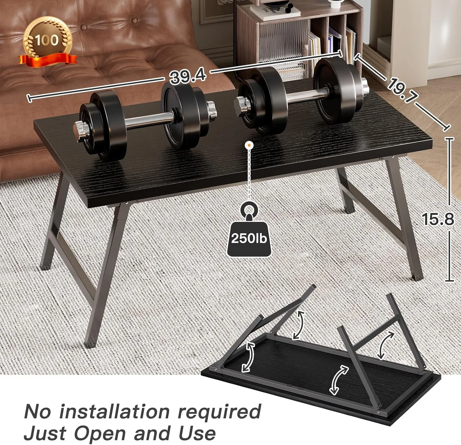 Folding Coffee Table, Portable Floor Table Desk for Sitting on The Floor, No Assembly Low Coffee Table for Living Room, Home, Caravan and Camping Use, Black Wood, 39.4Lx19.7Wx15.8H