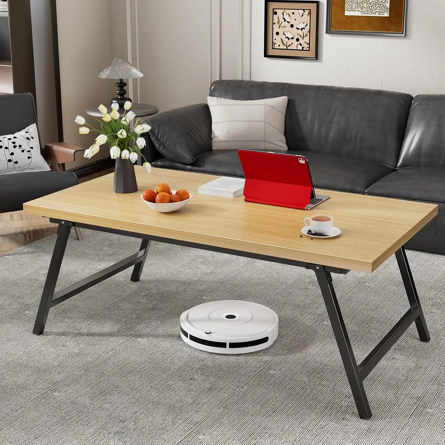 Folding Coffee Table, Portable Floor Table Desk for Sitting on The Floor, No Assembly Low Coffee Table for Living Room, Home, Caravan and Camping Use, Natural Wood, 39.4Lx19.7Wx15.8H