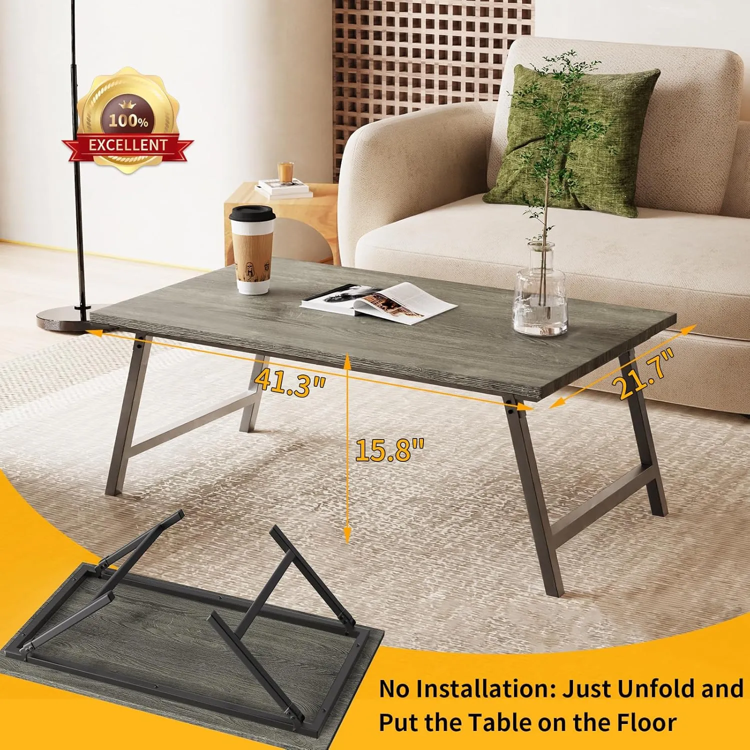Folding Coffee Table, Portable Wood Low Table with Metal Legs, No Assembly Required, Small Foldable Floor Desk for Tea Room/Living Room/Small Spaces (39.4in x 23.6in x 15.8in) (Gray Oak)