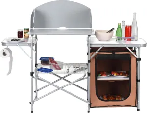 Folding Cooking Table Outdoor Portable Cook Station Camping Kitchen with Storage Organizer, Portable Grill Table, Windscreen for BBQ, Party, Grilling Picnic Table with Shelf