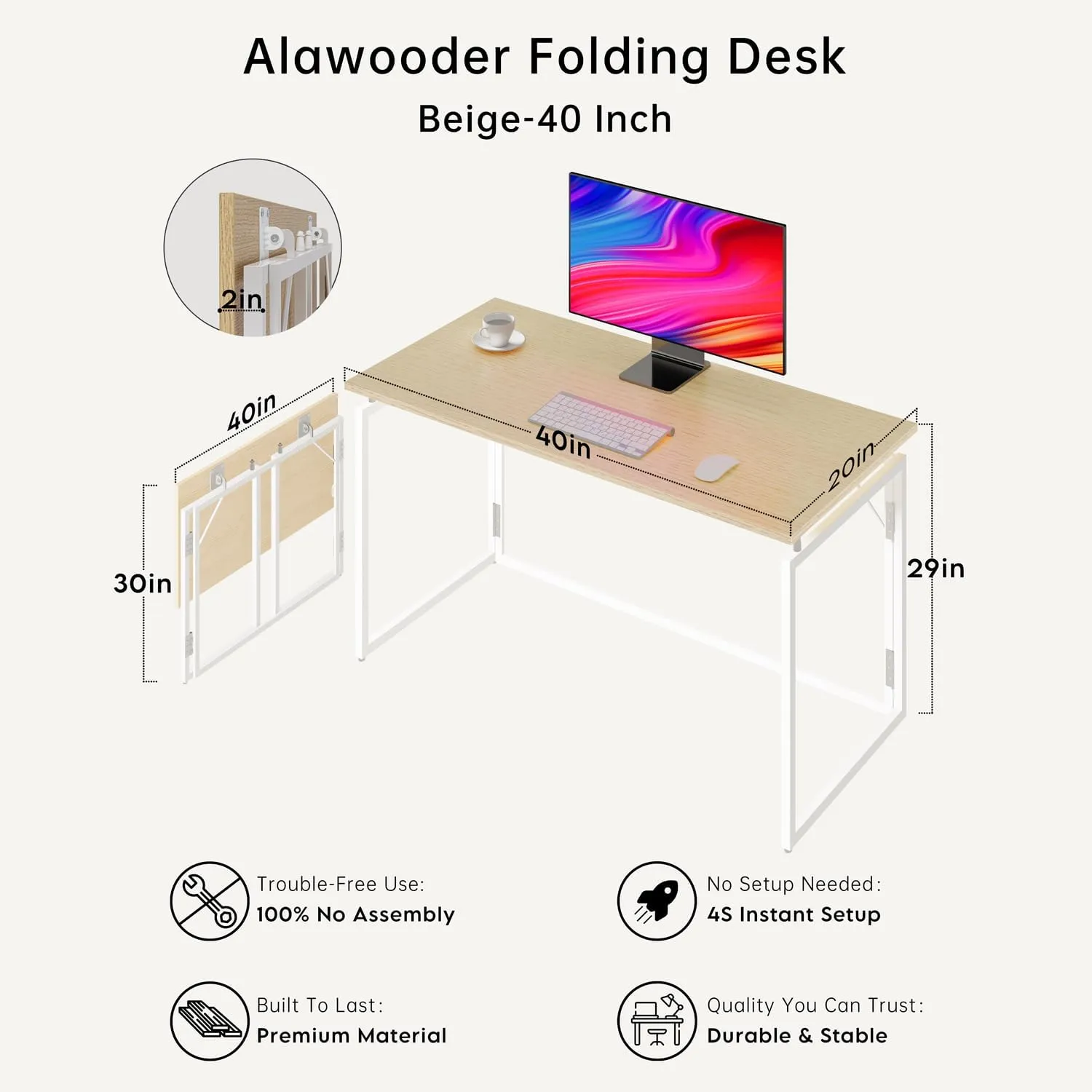 Folding Desk 40 Inch - Small Foldable Desk for Small Space Minimalist, Space Saving Collapsible Compact Desk Portable Table for Craft, Writing, Study and Work (No Assembly Required)