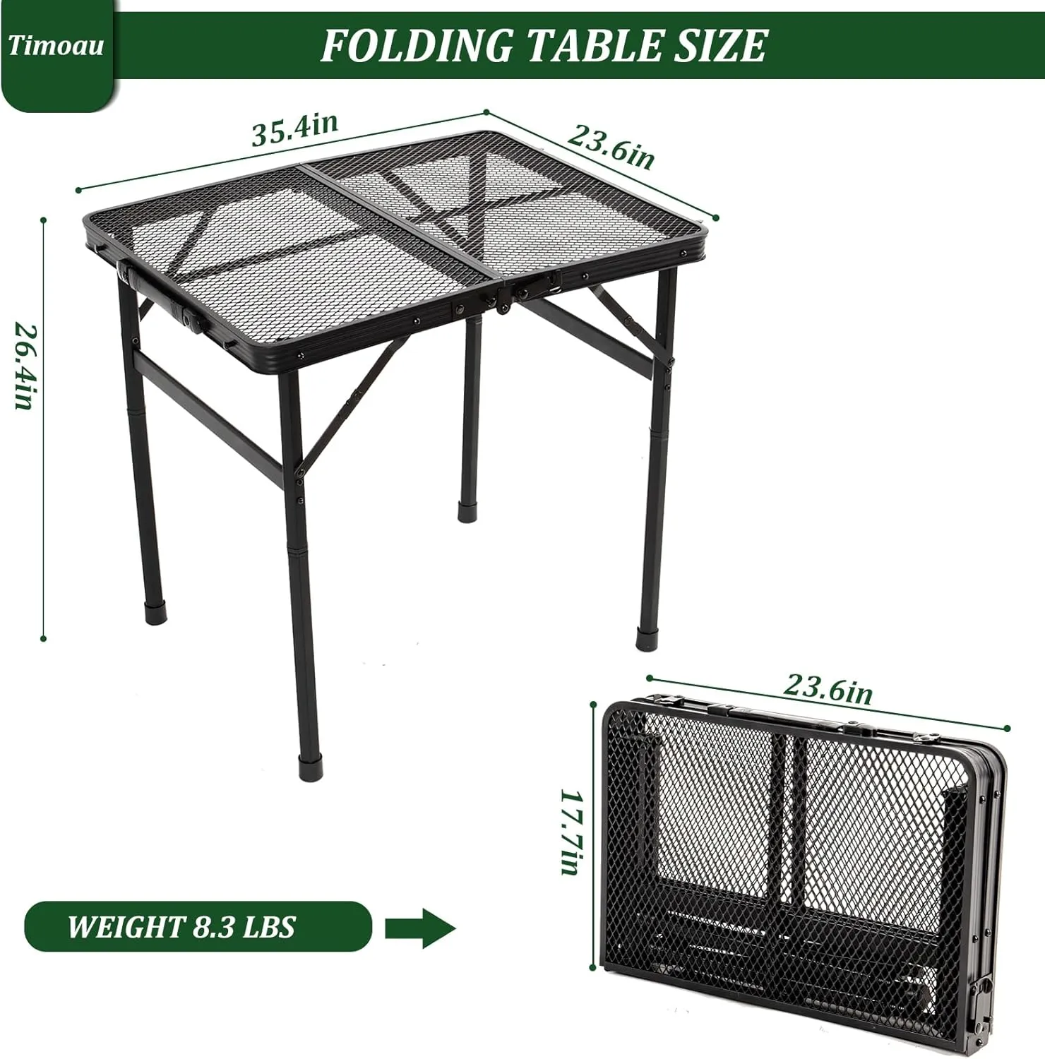 Folding Grill Table, 3x2 FT Portable Camping Table, Lightweight Metal Table with Mesh Desktop, Outdoor Table for Camping, Picnic, Beach and BBQ