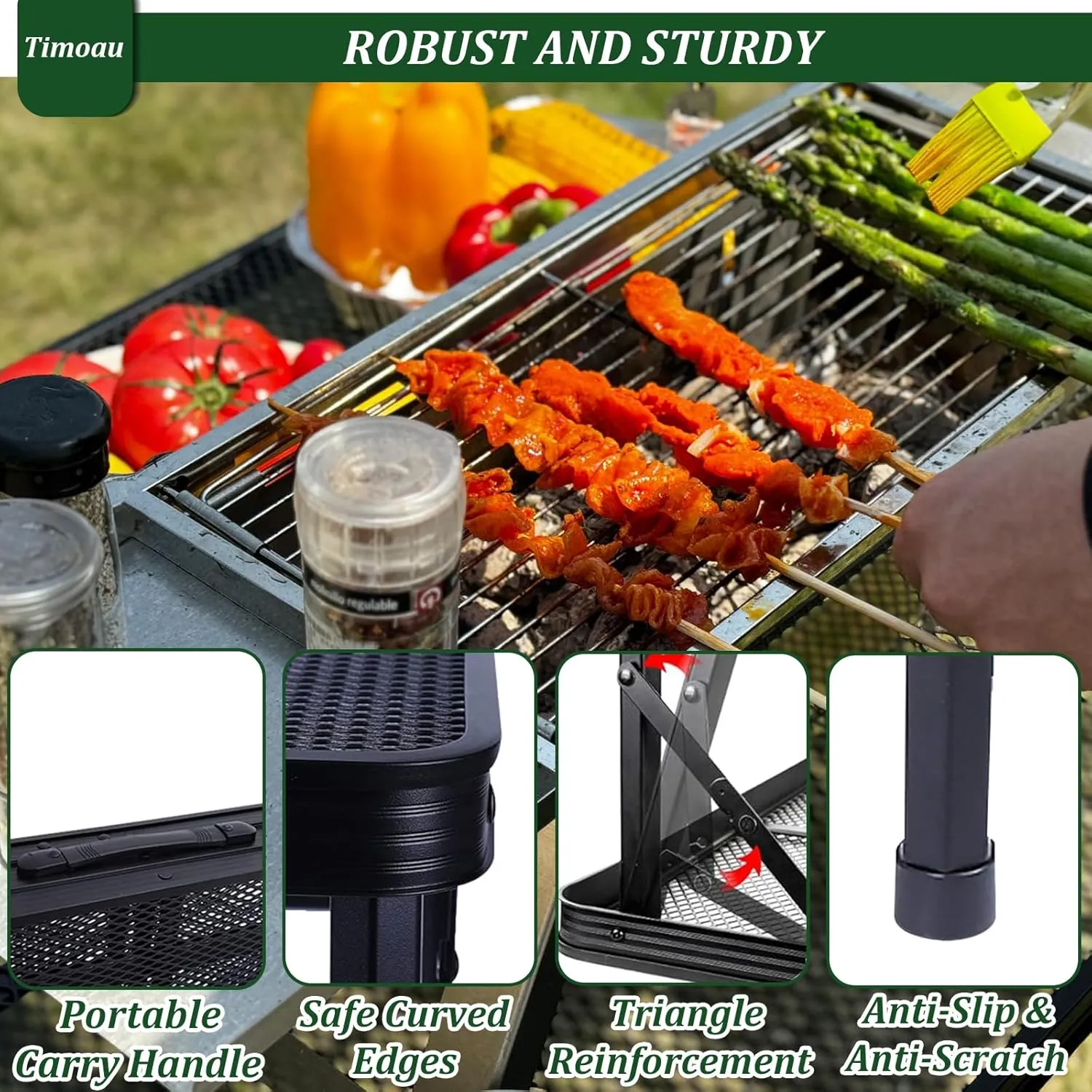 Folding Grill Table, 3x2 FT Portable Camping Table, Lightweight Metal Table with Mesh Desktop, Outdoor Table for Camping, Picnic, Beach and BBQ