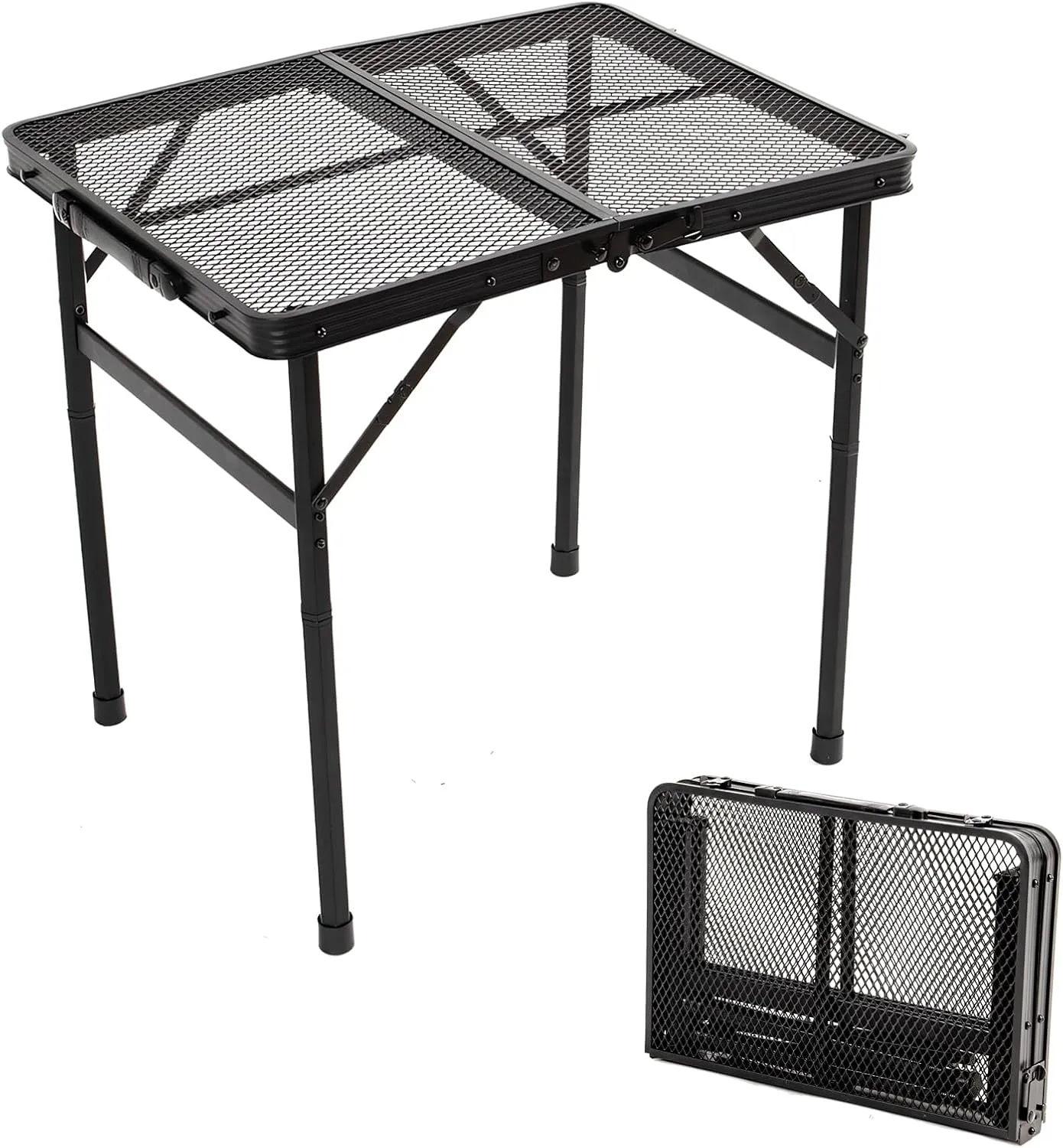 Folding Grill Table Camping Table with Mesh Desktop, Lightweight Height Adjustable Metal Table, Compact and Portable Picnic Table for Grill, Outdoor Camping, 2Ft