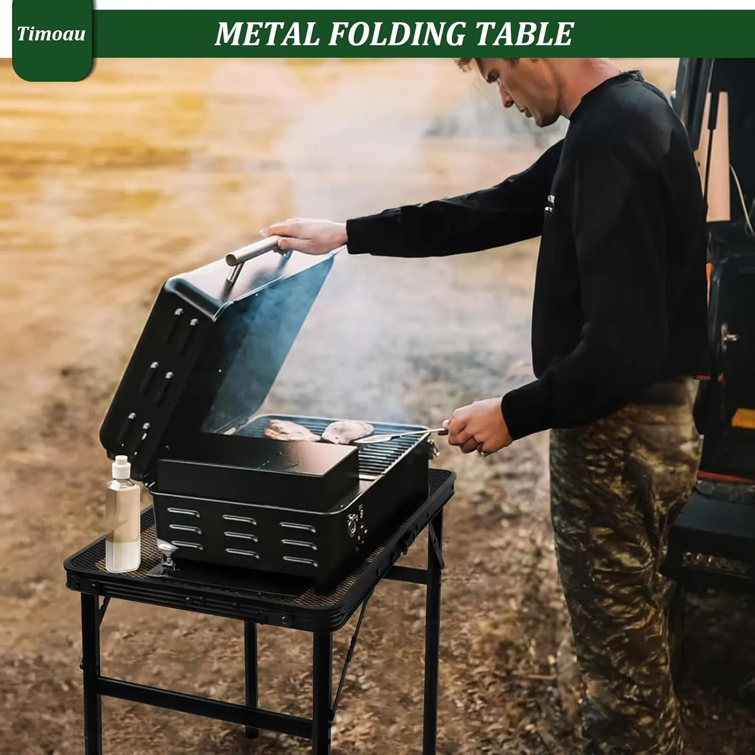 Folding Grill Table Camping Table with Mesh Desktop, Lightweight Height Adjustable Metal Table, Compact and Portable Picnic Table for Grill, Outdoor Camping, 2Ft