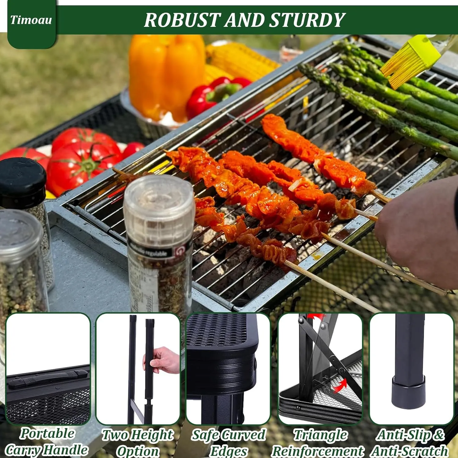 Folding Grill Table Camping Table with Mesh Desktop, Lightweight Height Adjustable Metal Table, Compact and Portable Picnic Table for Grill, Outdoor Camping, 2Ft