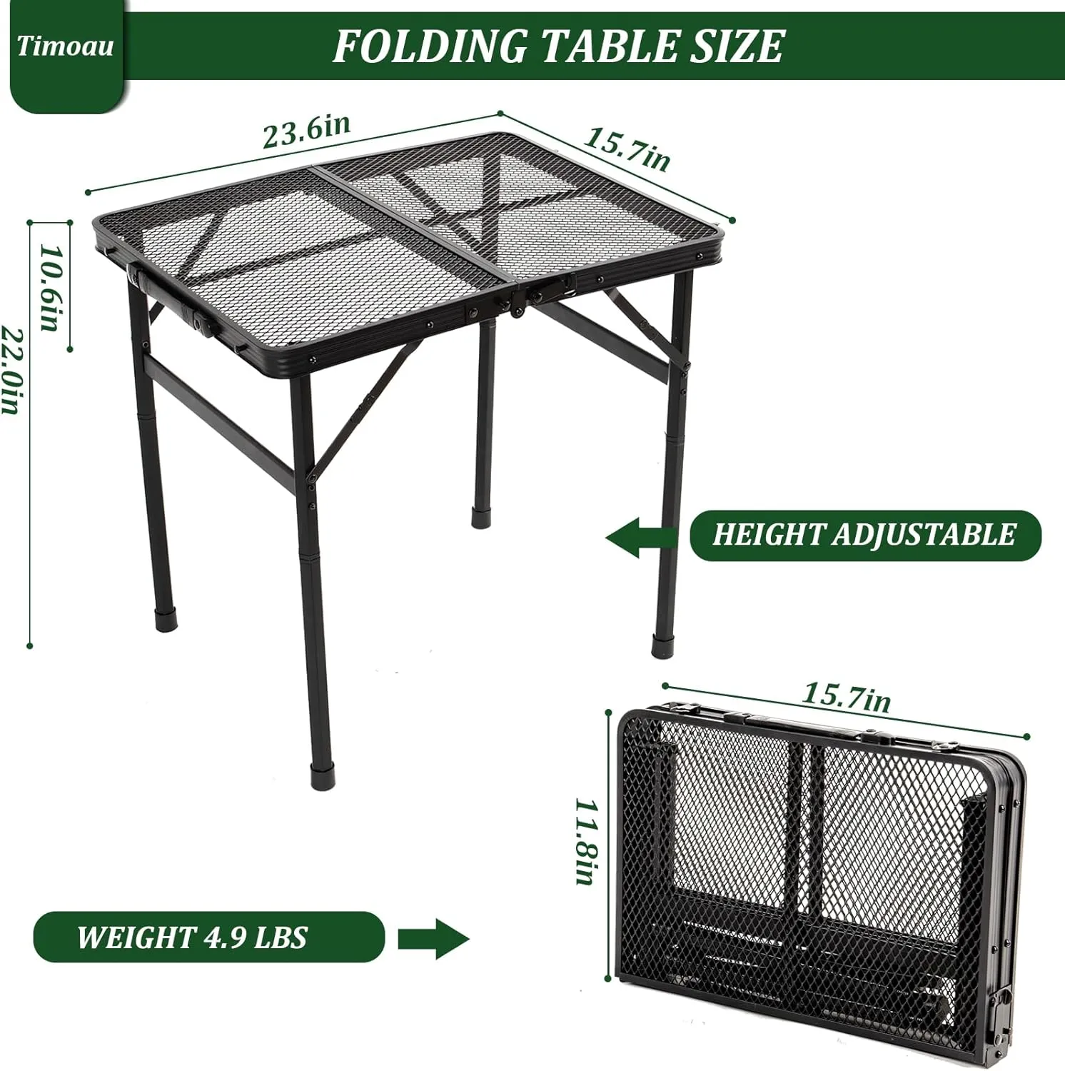 Folding Grill Table Camping Table with Mesh Desktop, Lightweight Height Adjustable Metal Table, Compact and Portable Picnic Table for Grill, Outdoor Camping, 2Ft