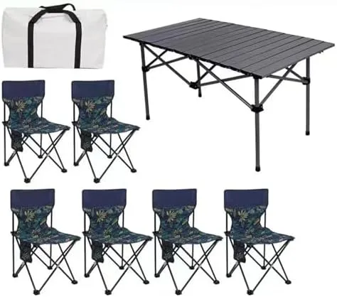Folding Outdoor Camping Picnic Tables and Chairs, Carbon Steel Foldable Roll-up Table Top Small Table, Portable Fishing Chair Set, Easy to Assemble